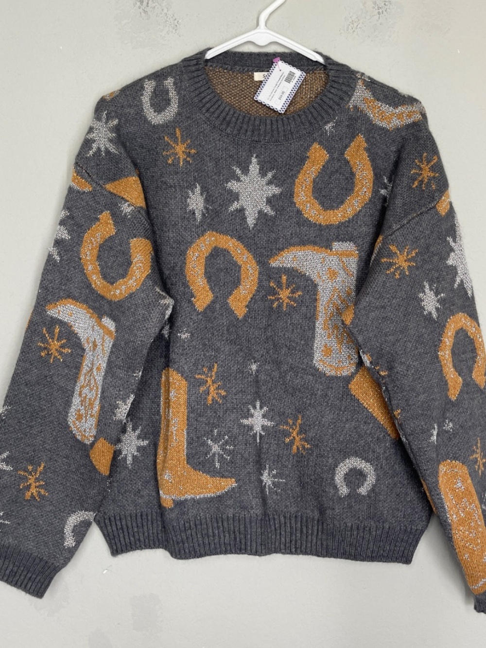 Sunday Up Western Cowgirl Sweater Women's M Gray Pullover Knit Oversized